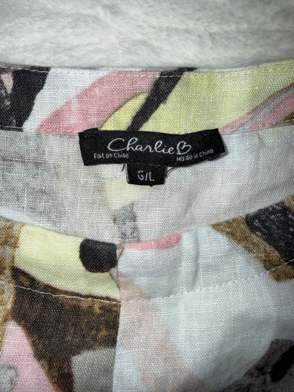 3 x 20$ Women’s Abstract Print Tie-Hem Top - White/Pink/Gray 100% Linen Size L - Picture 8 of 8